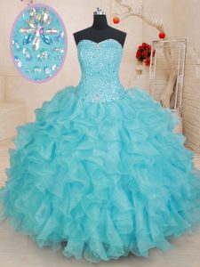 Aqua Blue Ball Gowns Beading and Ruffles 15th Birthday Dress Lace Up Organza Sleeveless Floor Length