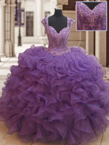 Straps Beading and Ruffles Quinceanera Dress Eggplant Purple Zipper Cap Sleeves Floor Length