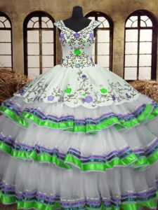 Enchanting Straps White Sleeveless Floor Length Embroidery and Ruffled Layers Lace Up 15th Birthday Dress