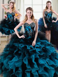 New Style Four Piece Black and Blue Sleeveless Organza and Tulle Lace Up Quinceanera Gown for Military Ball and Sweet 16