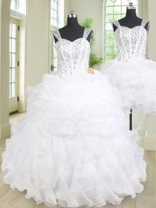 Fabulous Three Piece Straps Beading and Ruffles Sweet 16 Dresses White Lace Up Sleeveless Floor Length