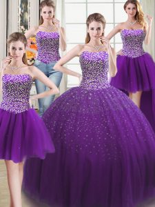 Four Piece Floor Length Purple 15th Birthday Dress Tulle Sleeveless Beading