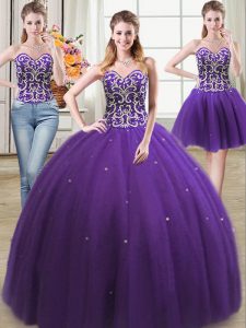 Three Piece Purple Sweetheart Neckline Beading Sweet 16 Quinceanera Dress Sleeveless Lace Up