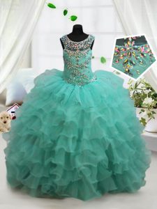 Scoop Sleeveless Pageant Dress for Teens Floor Length Beading and Ruffled Layers Turquoise Organza