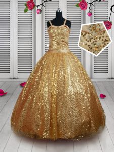 Most Popular Gold Ball Gowns Straps Sleeveless Tulle Floor Length Lace Up Beading and Sequins Pageant Dress