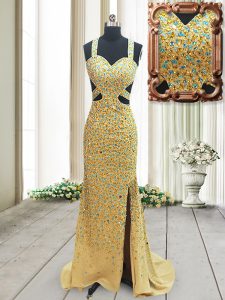 Gold Column/Sheath Chiffon Straps Sleeveless Beading Backless Prom Party Dress Brush Train