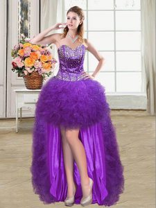 Dazzling Sleeveless Mini Length Beading and Ruffles Lace Up Prom Dresses with Eggplant Purple