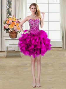 Sleeveless Lace Up Mini Length Beading and Ruffles Evening Dress