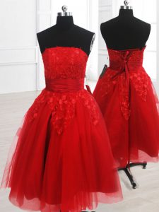 Strapless Sleeveless Knee Length Embroidery Red Organza