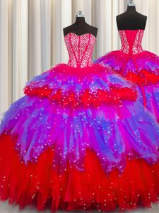 Bling-bling Visible Boning Sweetheart Sleeveless Tulle Sweet 16 Quinceanera Dress Beading and Ruffles and Ruffled Layers