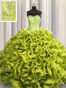 Visible Boning Olive Green Lace Up 15th Birthday Dress Beading and Ruffles Sleeveless Floor Length