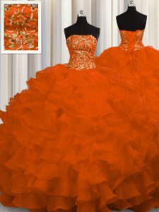 Beading and Ruffles Quinceanera Dresses Rust Red Lace Up Sleeveless Sweep Train