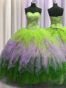 Exquisite Visible Boning Sleeveless Lace Up Floor Length Beading and Ruffles and Sequins Sweet 16 Quinceanera Dress