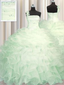 Customized One Shoulder Sleeveless Organza Quince Ball Gowns Beading and Ruffles Zipper