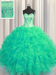 New Style Visible Boning Beaded Bodice Turquoise Sleeveless Floor Length Beading and Ruffles Lace Up 15th Birthday Dress