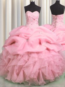Pick Ups Visible Boning Sweetheart Sleeveless Lace Up 15th Birthday Dress Rose Pink Organza