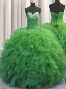 Top Selling Beaded Bust Floor Length Green Sweet 16 Dress Organza Sleeveless Beading and Ruffles