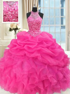 Exceptional See Through Beaded Bodice Floor Length Lace Up Quinceanera Dresses Hot Pink for Military Ball and Sweet 16 a