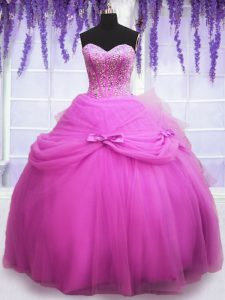 Lilac Ball Gowns Sweetheart Sleeveless Tulle Floor Length Lace Up Beading and Sequins and Bowknot Sweet 16 Dress