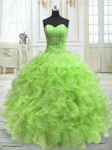 High End Floor Length Lace Up Vestidos de Quinceanera Yellow Green for Military Ball and Sweet 16 and Quinceanera with B