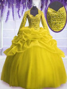 Luxurious Yellow Organza Zipper V-neck Long Sleeves Floor Length Quinceanera Dress Sequins and Pick Ups