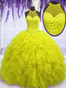 High Class Yellow High-neck Lace Up Beading and Ruffles 15th Birthday Dress Sleeveless