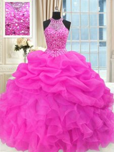 Hot Pink High-neck Neckline Beading and Pick Ups Quinceanera Gowns Sleeveless Lace Up