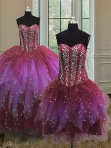 Three Piece Sweetheart Sleeveless 15th Birthday Dress Floor Length Beading Multi-color Tulle