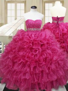 Sleeveless Organza Floor Length Lace Up Sweet 16 Quinceanera Dress in Hot Pink with Beading and Ruffles