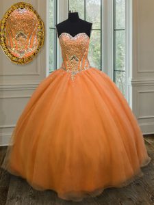 Sleeveless Floor Length Beading Lace Up Quinceanera Gowns with Orange