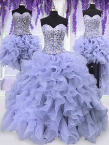 Captivating Four Piece Sequins Ball Gowns 15th Birthday Dress Lavender Sweetheart Organza Sleeveless Floor Length Lace U