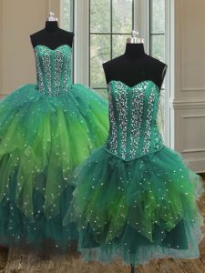 Low Price Three Piece Multi-color Sleeveless Floor Length Beading Lace Up Quinceanera Dress