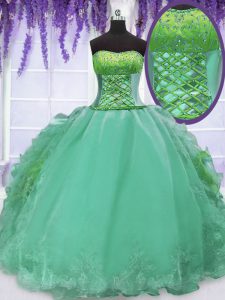 Turquoise Ball Gowns Strapless Sleeveless Organza Floor Length Lace Up Embroidery and Ruffles Sweet 16 Dresses