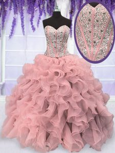 Stylish Pink Organza Lace Up Sweetheart Sleeveless Floor Length Sweet 16 Dresses Beading and Ruffles