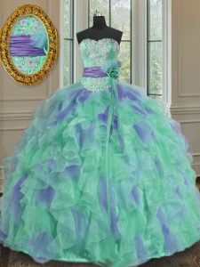 Multi-color Organza Lace Up Sleeveless Floor Length 15th Birthday Dress Beading and Appliques and Ruffles and Sashes rib