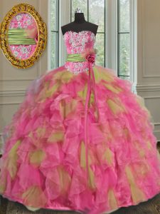 Floor Length Multi-color Quinceanera Gowns Organza Sleeveless Beading and Ruffles and Sequins