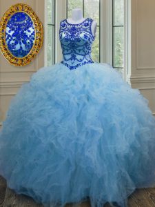 Fine Scoop Baby Blue Sleeveless Beading and Ruffles Floor Length Quinceanera Dress