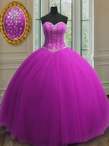 Fitting Tulle Sweetheart Sleeveless Lace Up Beading and Sequins Quince Ball Gowns in Purple