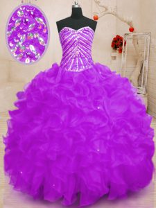 Purple Ball Gowns Beading and Ruffles and Sequins Quince Ball Gowns Lace Up Organza Sleeveless Floor Length