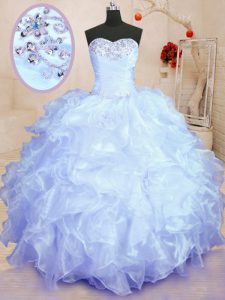 Lavender Ball Gowns Organza Sweetheart Sleeveless Beading and Ruffles Floor Length Lace Up 15th Birthday Dress