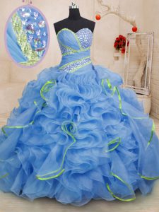 Modest Blue Ball Gowns Sweetheart Sleeveless Organza With Brush Train Lace Up Beading and Ruffles Sweet 16 Quinceanera D
