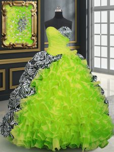 Brush Train Ball Gowns 15th Birthday Dress Yellow Green Sweetheart Organza and Printed Sleeveless With Train Lace Up