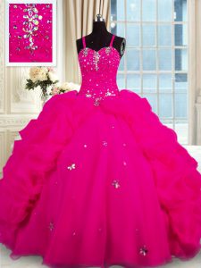 Sleeveless With Train Beading Lace Up Quinceanera Gowns with Fuchsia Brush Train