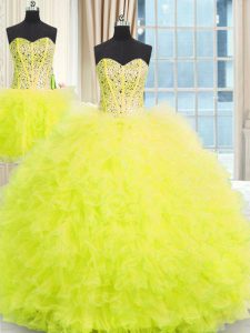 Gorgeous Three Piece Strapless Sleeveless 15th Birthday Dress Floor Length Beading and Ruffles Yellow Tulle