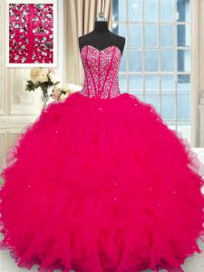Modest Coral Red Strapless Neckline Beading and Ruffles Quinceanera Gowns Sleeveless Lace Up