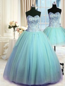Flare Three Piece Floor Length Ball Gowns Sleeveless Blue Sweet 16 Dresses Lace Up