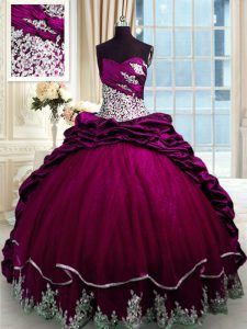 Fuchsia Ball Gowns Sweetheart Sleeveless Taffeta Brush Train Lace Up Beading and Appliques and Pick Ups 15th Birthday Dr