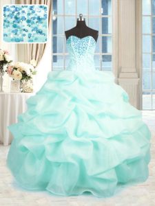 Glittering Floor Length Ball Gowns Sleeveless Aqua Blue Ball Gown Prom Dress Lace Up