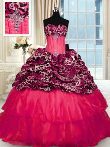 Printed Ruffled Red Quince Ball Gowns Strapless Sleeveless Sweep Train Lace Up