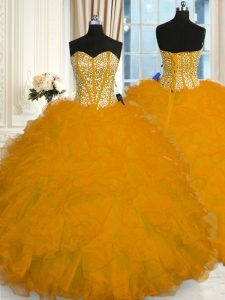 Cute Gold Ball Gowns Organza Sweetheart Sleeveless Beading and Ruffles Floor Length Lace Up Quinceanera Dress